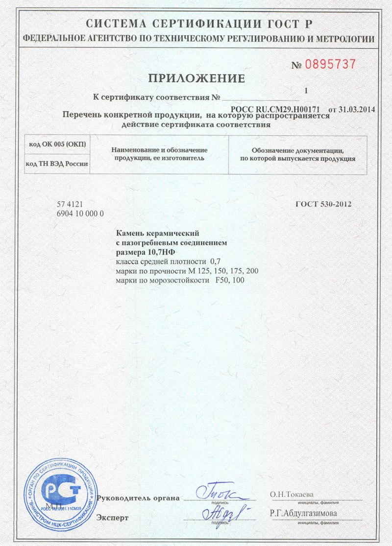 Сертификат соответствия на камень 10,7 НФ-2.