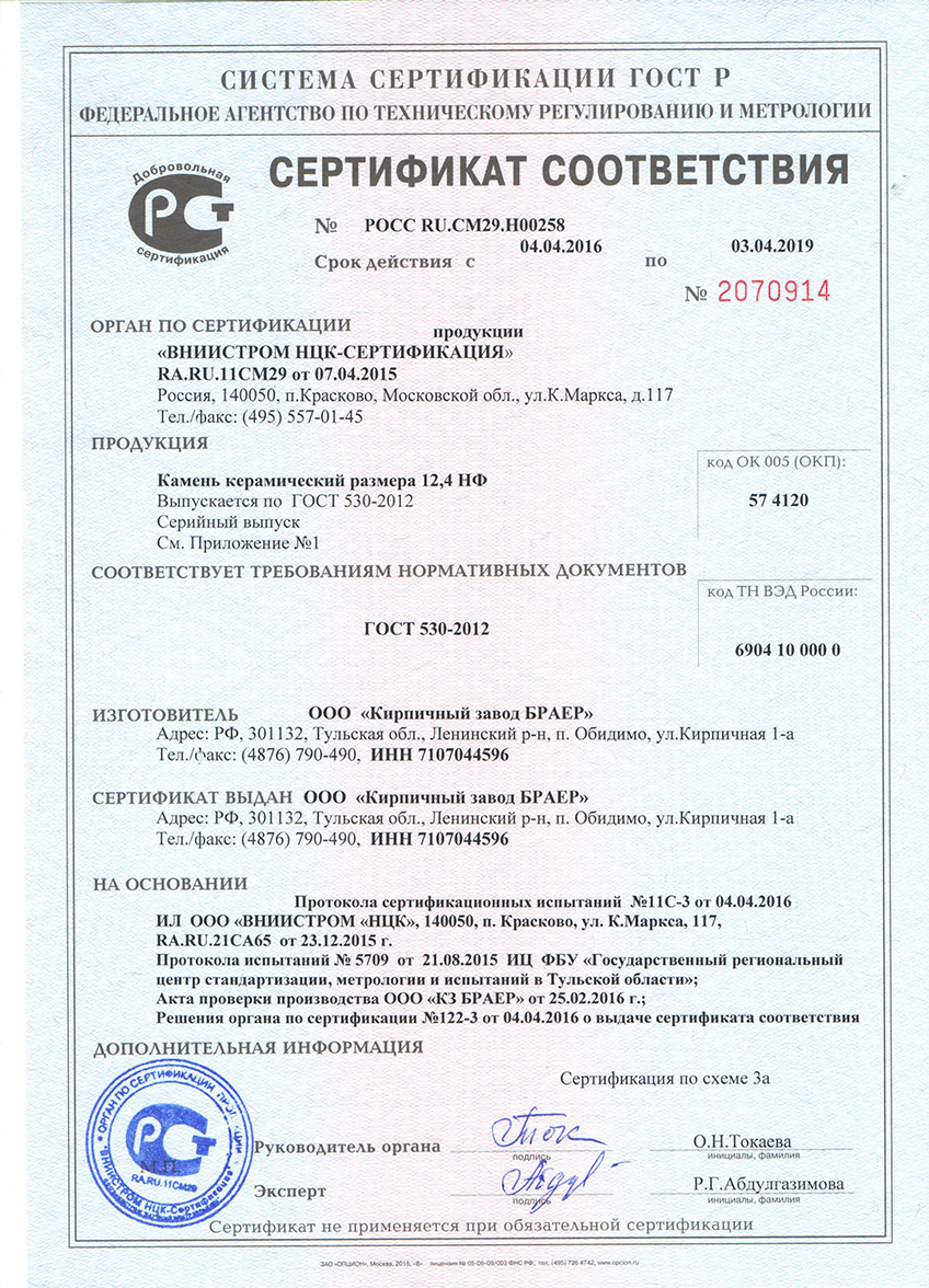 Сертификат соответствия на блок 12,4НФ