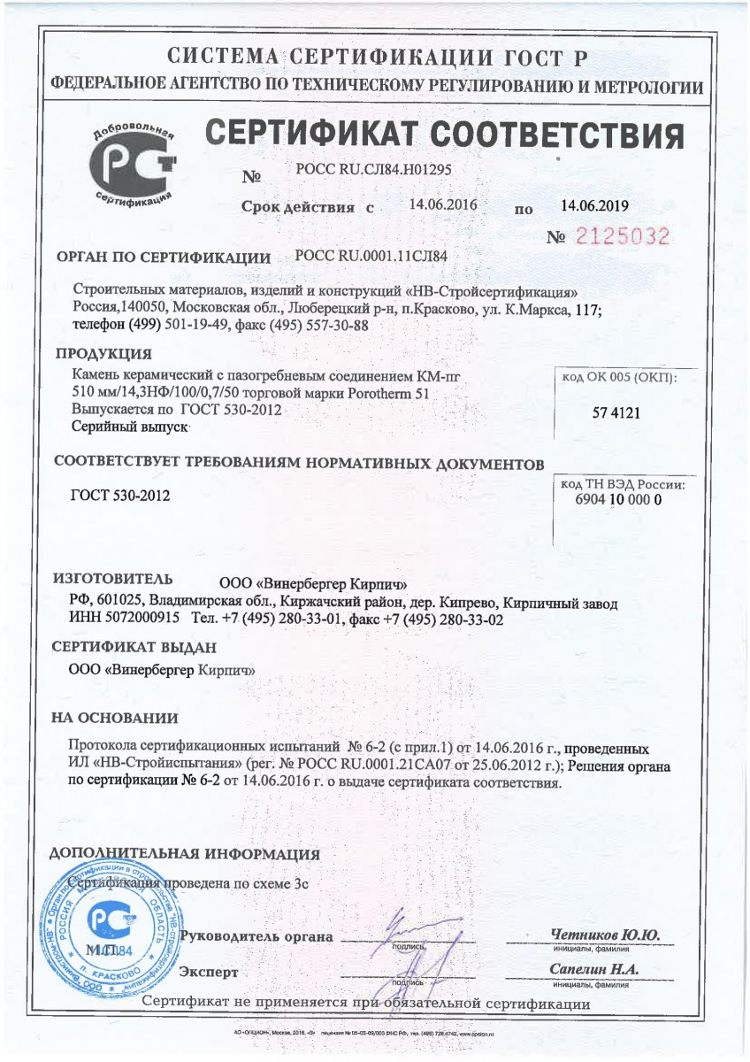 Сертификат соответствия на Porotherm 51